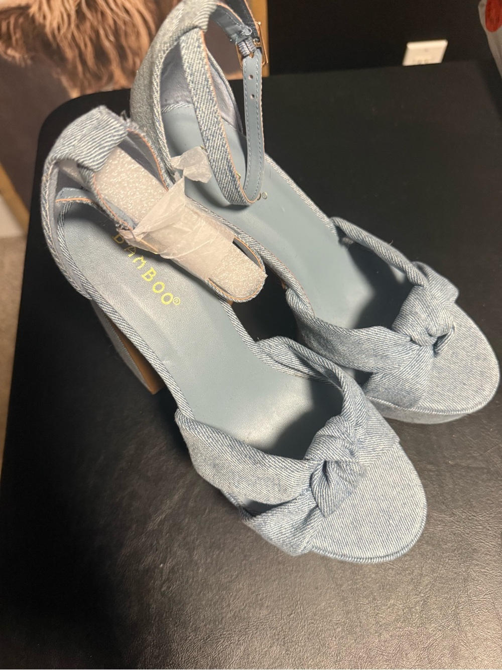 BAMBOO Light Blue Denim Knot Front Ankle Strap Heels